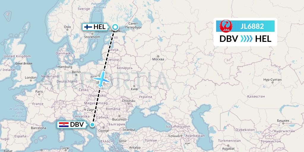 JL6882 Japan Airlines Flight Map: Dubrovnik to Helsinki