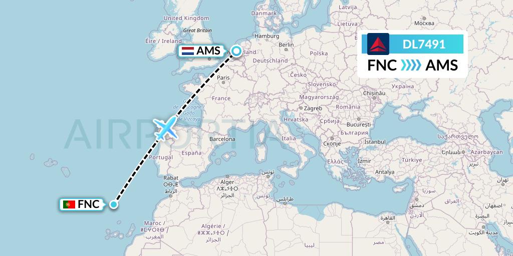 DL7491 Delta Air Lines Flight Map: Funchal to Amsterdam