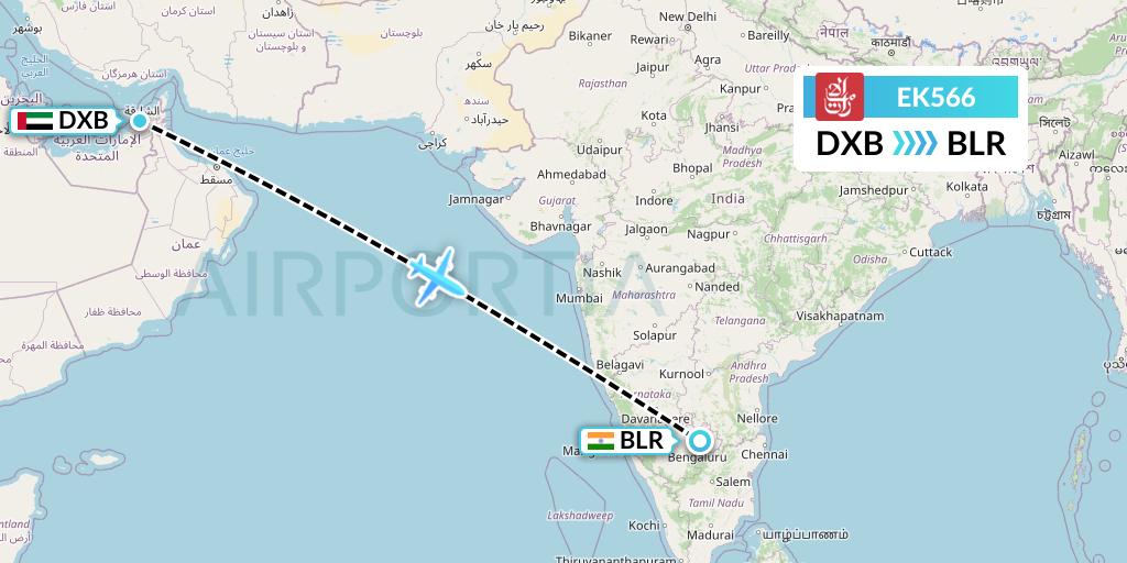 EK566 Emirates Flight Map: Dubai to Bangalore