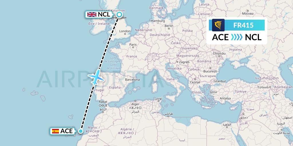 FR415 Ryanair Flight Map: Lanzarote to Newcastle