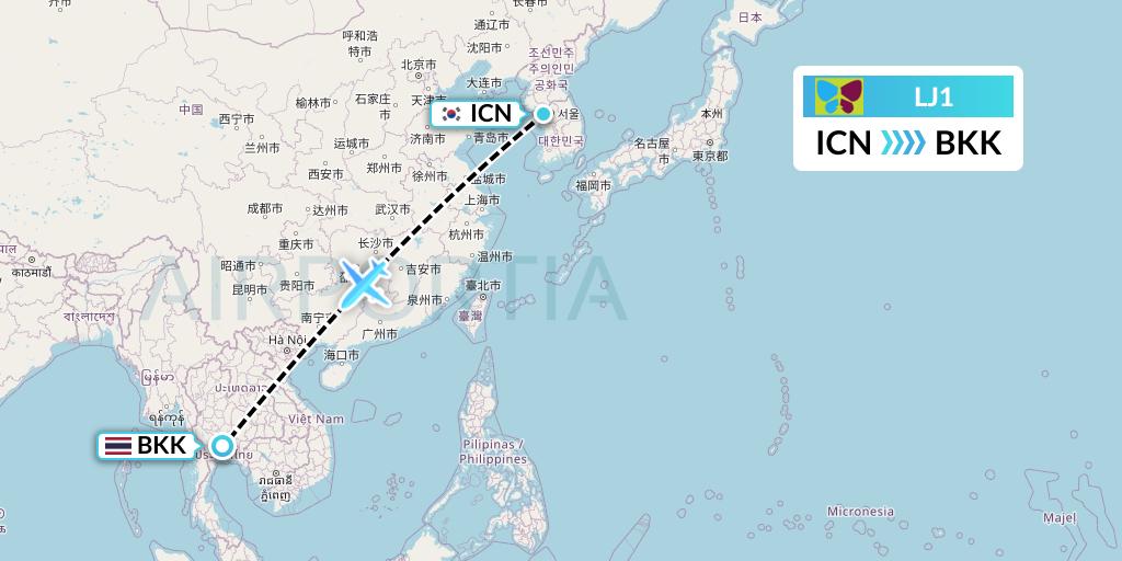 LJ1 Jin Air Flight Map: Seoul to Bangkok