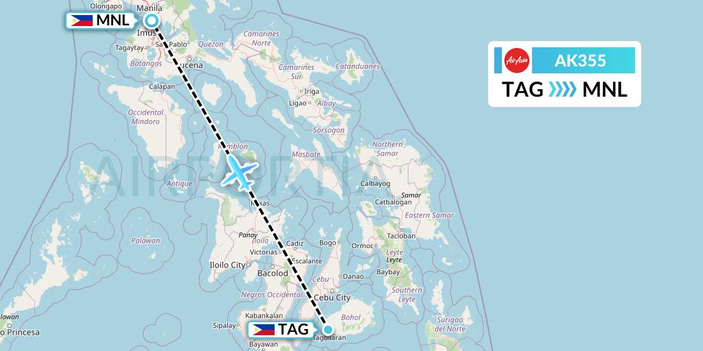 AK355 AirAsia Flight Map: Tagbilaran City to Manila