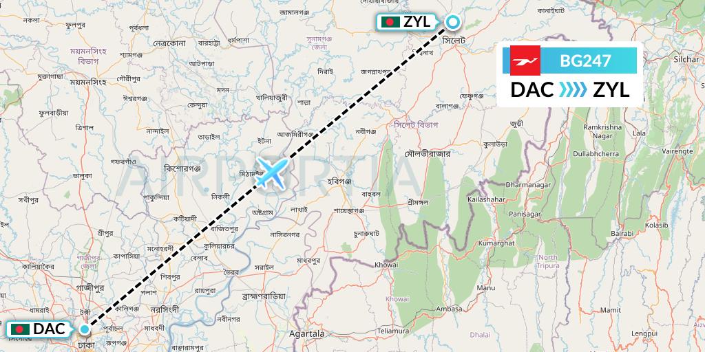 BG247 Biman Bangladesh Airlines Flight Map: Dhaka to Sylhet