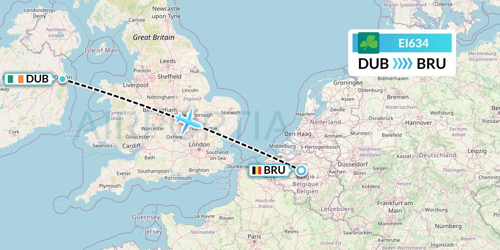 EI634 Aer Lingus Flight Map: Dublin to Brussels