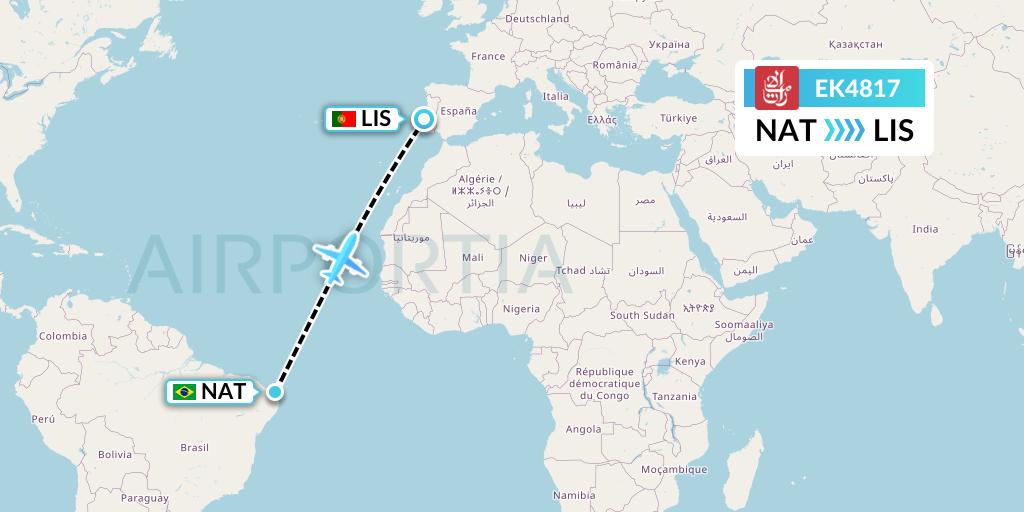 EK4817 Emirates Flight Map: Natal to Lisbon
