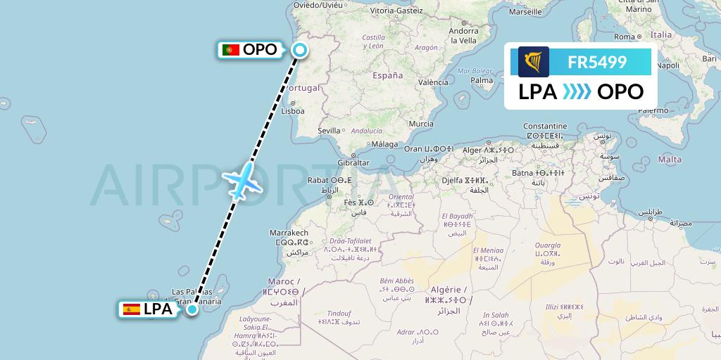 FR5499 Ryanair Flight Map: Las Palmas to Porto