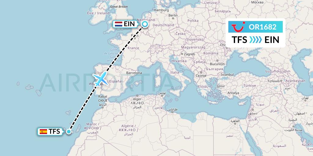 OR1682 TUI fly Netherlands Flight Map: Tenerife to Eindhoven