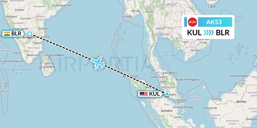 AK53 AirAsia Flight Map: Kuala Lumpur to Bangalore