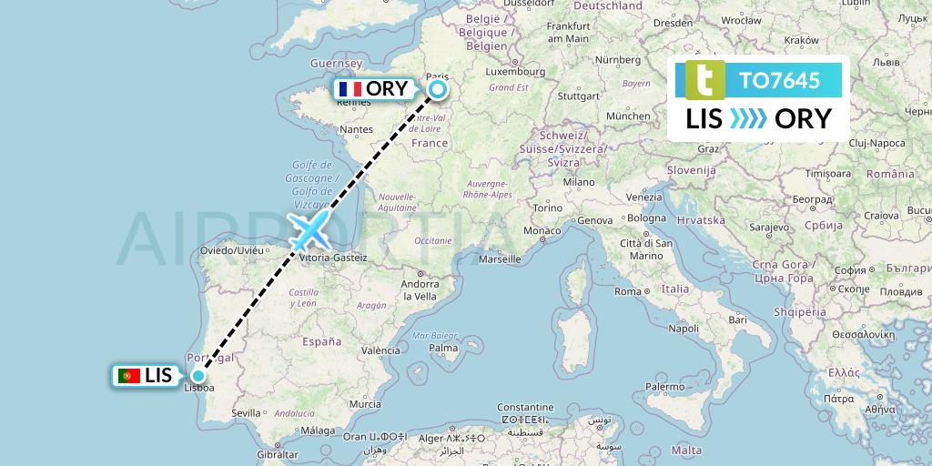 TO7645 Transavia France Flight Map: Lisbon to Paris