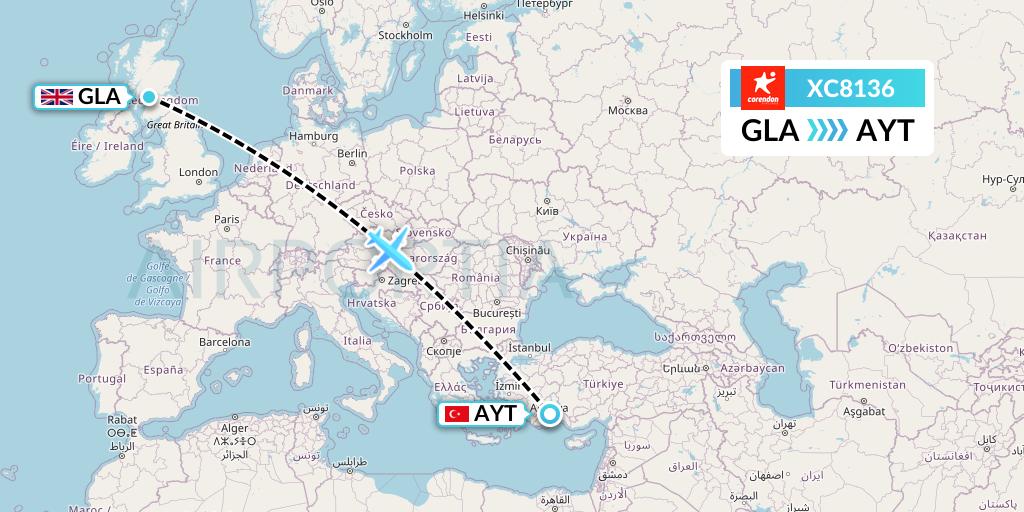 XC8136 Corendon Airlines Flight Map: Glasgow to Antalya