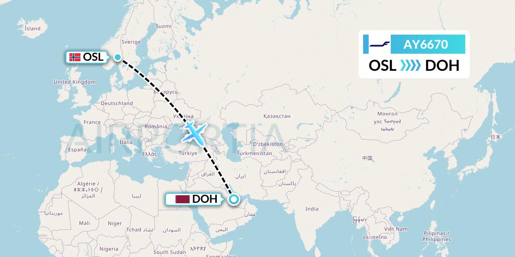 AY6670 Finnair Flight Map: Oslo to Doha