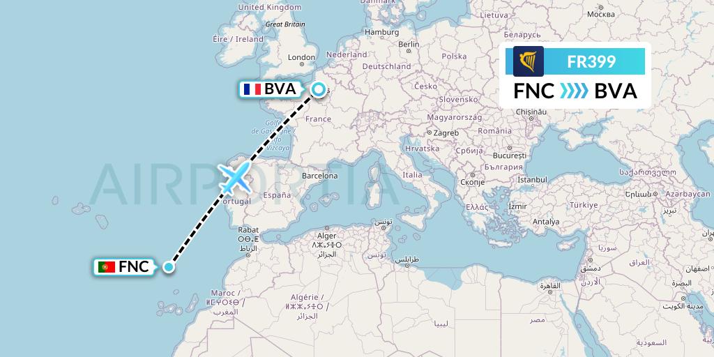 FR399 Ryanair Flight Map: Funchal to Paris