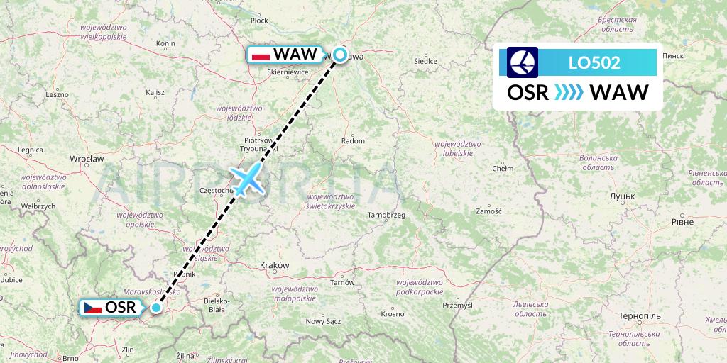 LO502 LOT Flight Map: Ostrava to Warsaw