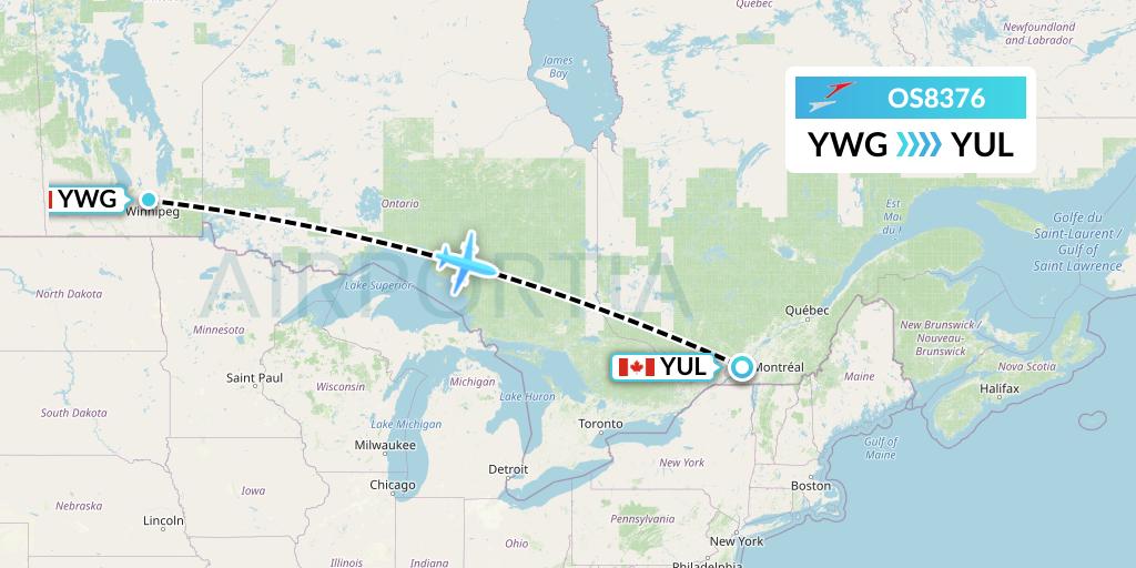 OS8376 Austrian Airlines Flight Map: Winnipeg to Montreal
