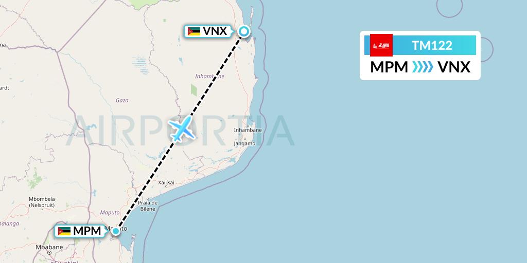 TM122 LAM Mozambique Airlines Flight Map: Maputo to Vilankulo