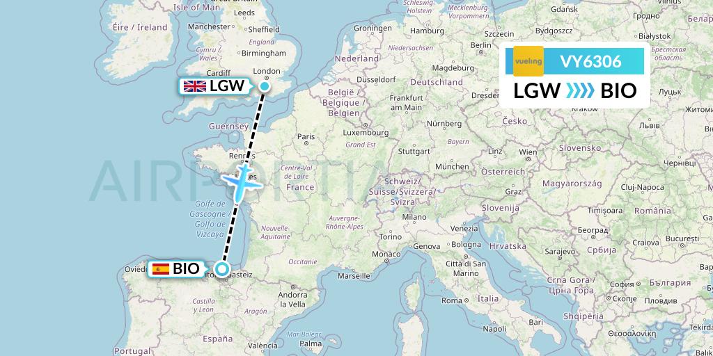 VY6306 Vueling Flight Map: London to Bilbao