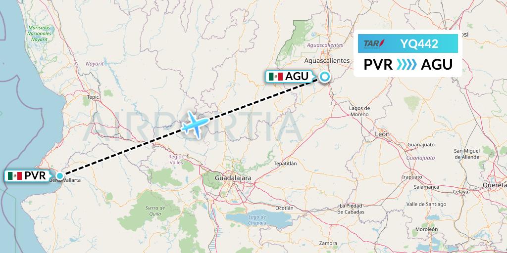 YQ442 TAR Aerolineas Flight Map: Puerto Vallarta to Aguascalientes