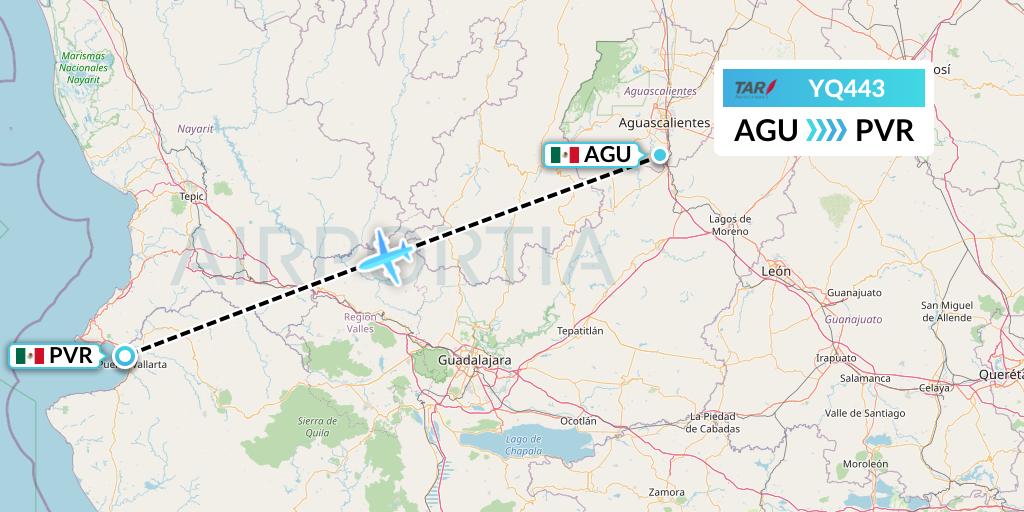 YQ443 TAR Aerolineas Flight Map: Aguascalientes to Puerto Vallarta