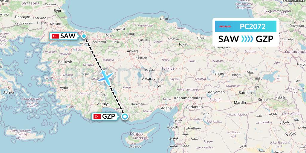 PC2072 Pegasus Airlines Flight Map: Istanbul to Gazipasa