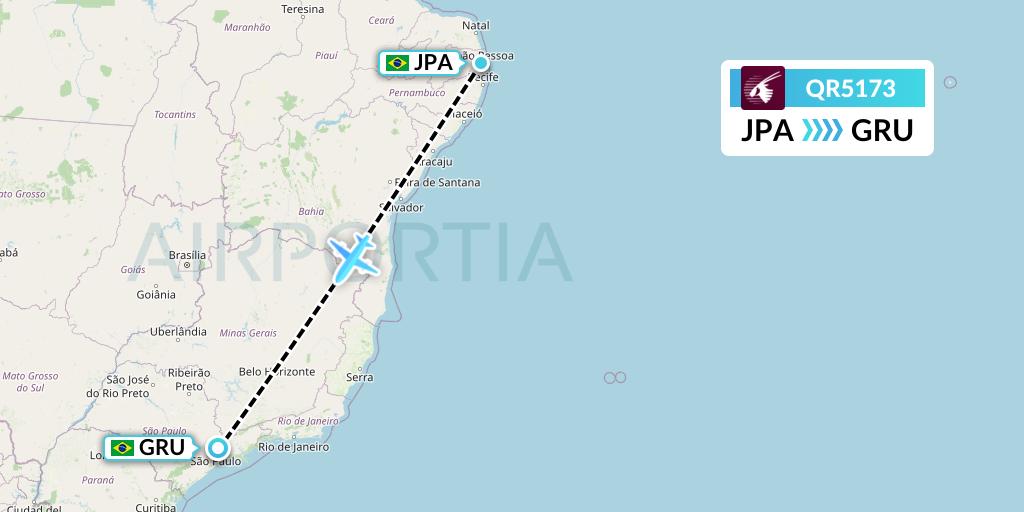 QR5173 Qatar Airways Flight Map: Joao Pessoa to Sao Paulo
