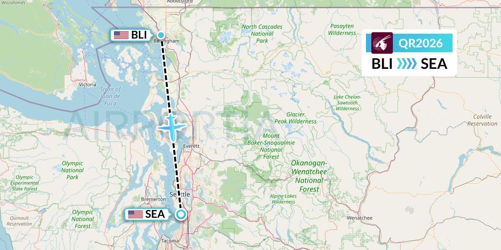 QR2026 Qatar Airways Flight Map: Bellingham to Seattle