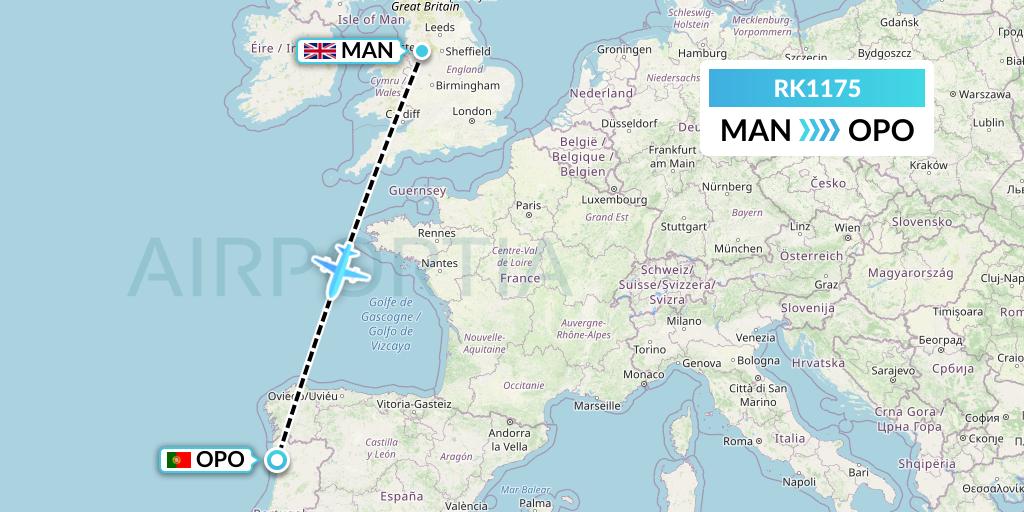 RK1175 Ryanair UK Flight Map: Manchester to Porto