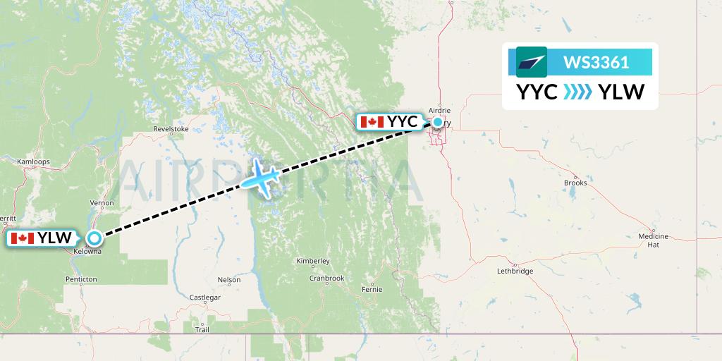 WS3361 WestJet Flight Map: Calgary to Kelowna