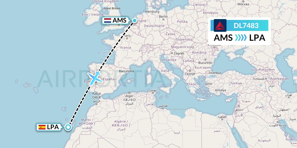 DL7483 Delta Air Lines Flight Map: Amsterdam to Las Palmas