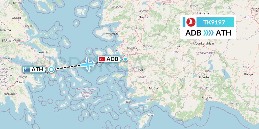 TK9197 Turkish Airlines Flight Map: Izmir to Athens