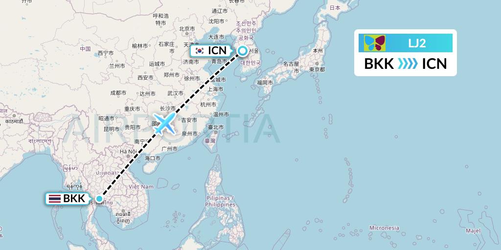 LJ2 Jin Air Flight Map: Bangkok to Seoul