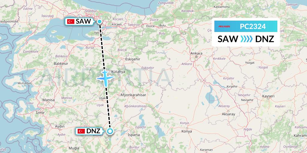 PC2324 Pegasus Airlines Flight Map: Istanbul to Cardak