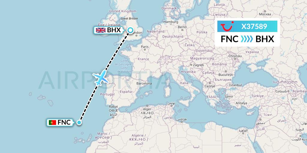 X37589 TUI fly Germany Flight Map: Funchal to Birmingham