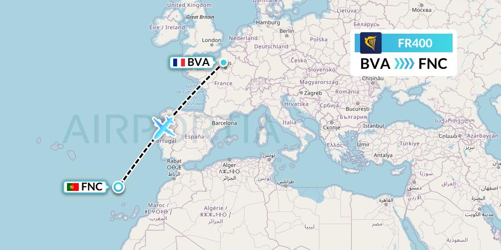 FR400 Ryanair Flight Map: Paris to Funchal