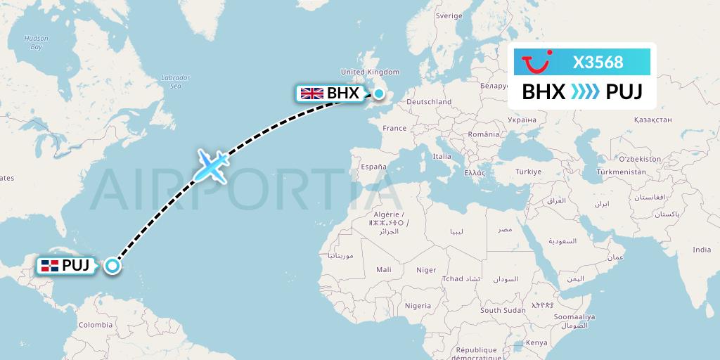 X3568 TUI fly Germany Flight Map: Birmingham to Punta Cana
