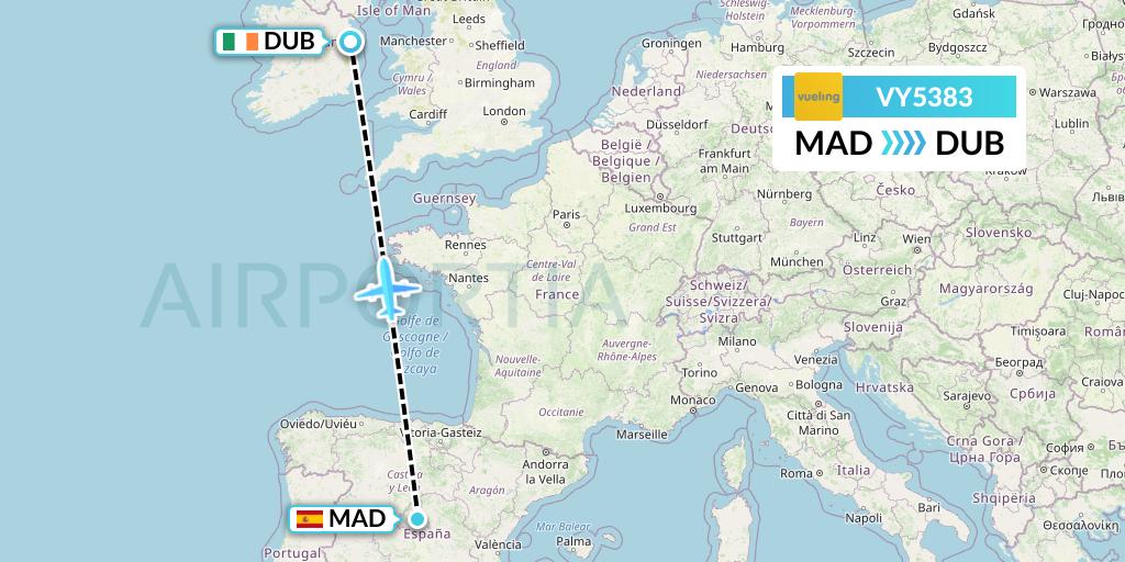 VY5383 Vueling Flight Map: Madrid to Dublin