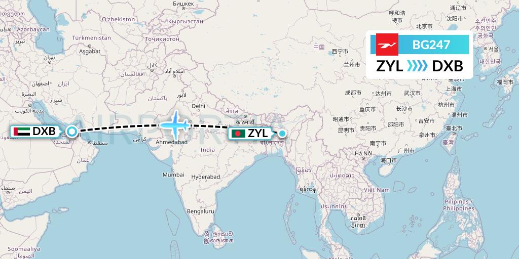 BG247 Biman Bangladesh Airlines Flight Map: Sylhet to Dubai