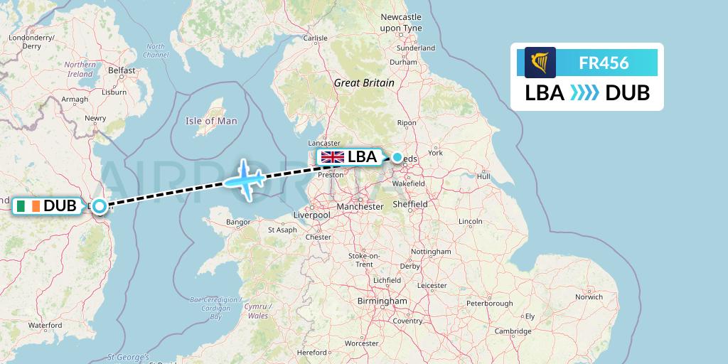 FR456 Ryanair Flight Map: Leeds to Dublin