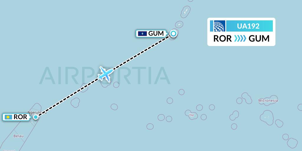 UA192 United Airlines Flight Map: Airai to Guam