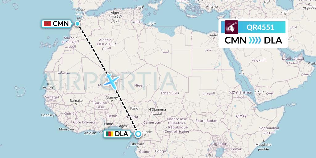 QR4551 Qatar Airways Flight Map: Casablanca to Douala