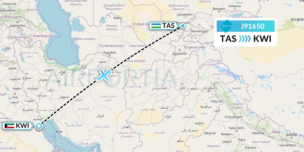 J91650 Jazeera Airways Flight Map: Tashkent to Kuwait City
