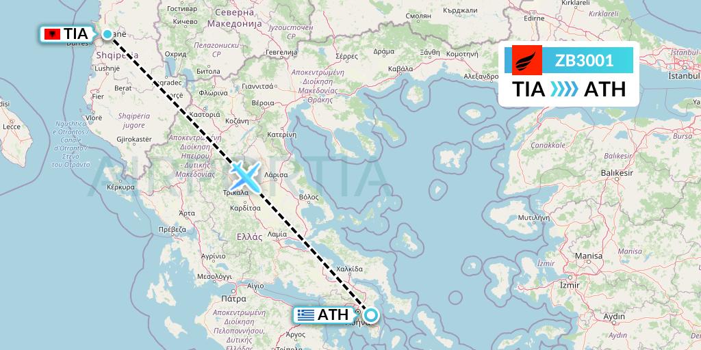 ZB3001 Air Albania Flight Map: Tirana to Athens