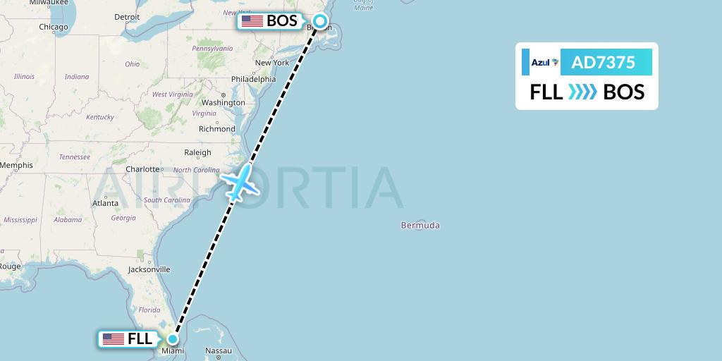 AD7375 Azul Brazilian Airlines Flight Map: Fort Lauderdale to Boston