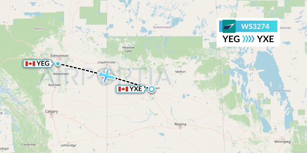 WS3274 WestJet Flight Map: Edmonton to Saskatoon