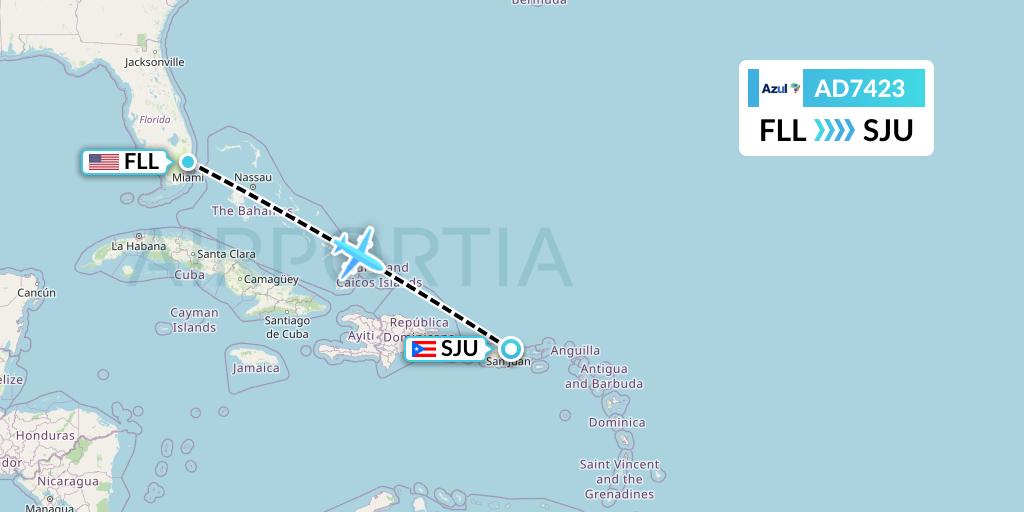 AD7423 Azul Brazilian Airlines Flight Map: Fort Lauderdale to San Juan