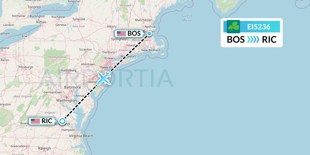 EI5236 Aer Lingus Flight Map: Boston to Richmond
