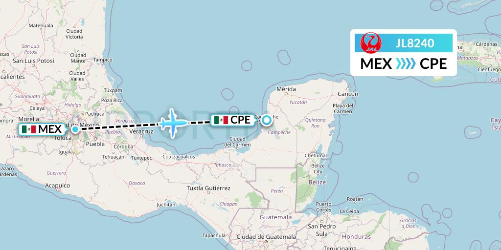 JL8240 Japan Airlines Flight Map: Mexico City to Campeche