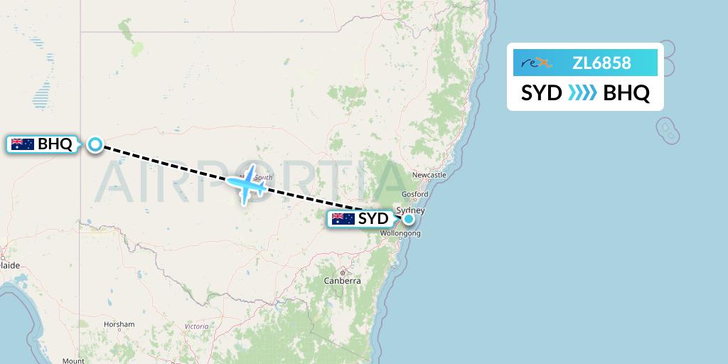 ZL6858 Regional Express Flight Map: Sydney to Broken Hill