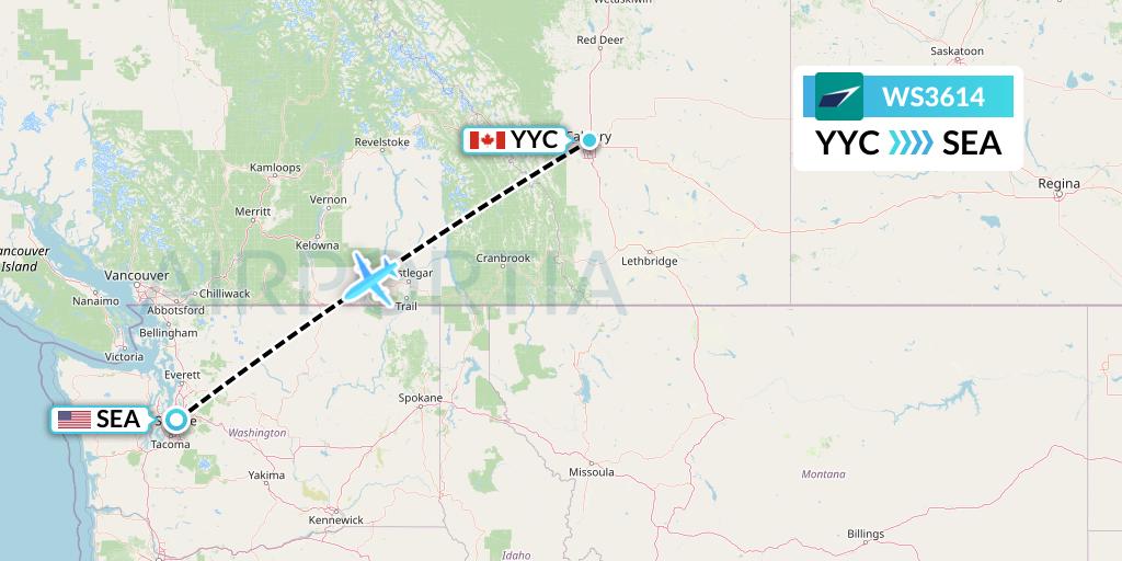 WS3614 WestJet Flight Map: Calgary to Seattle