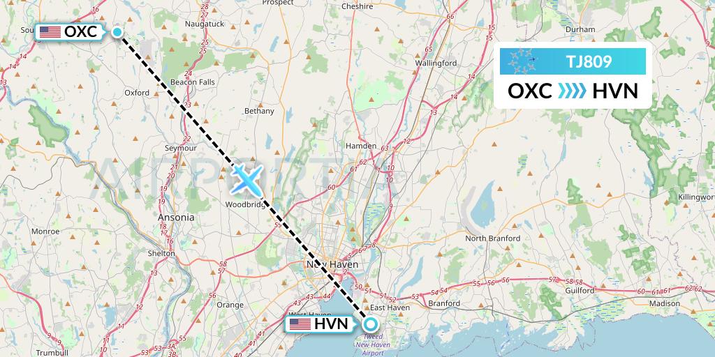 TJ809 Tradewind Aviation Flight Map: Oxford to New Haven