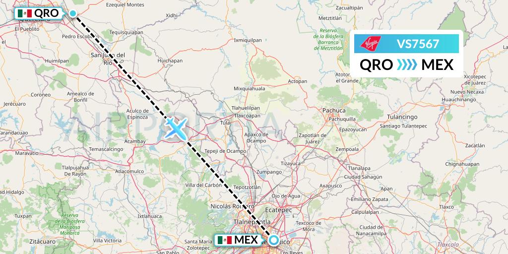 VS7567 Virgin Atlantic Airways Flight Map: Queretaro to Mexico City